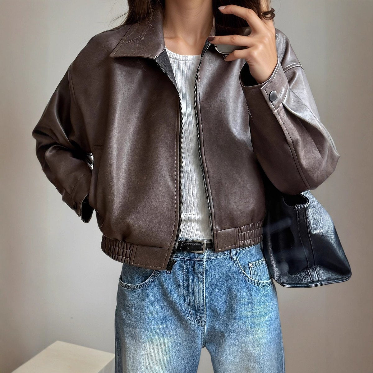 Jacket bomber Amelie womens faux leather bomber jacket in dark brown