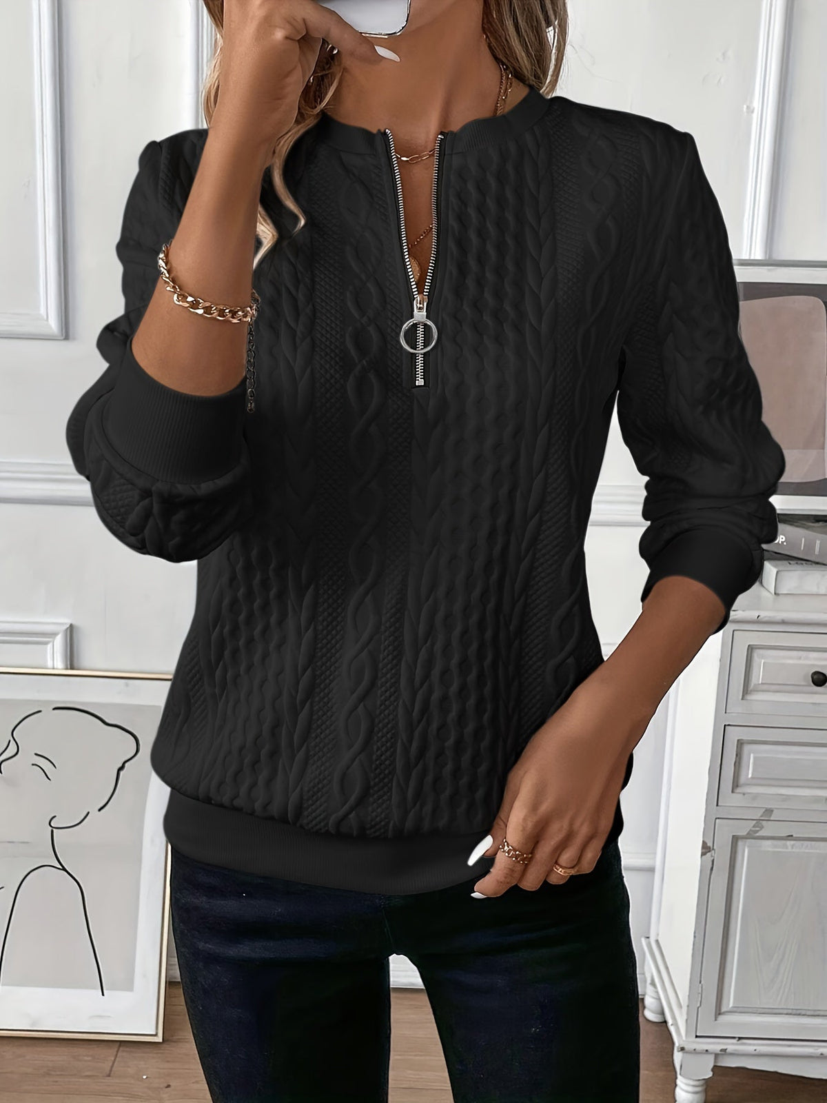 Womens jumpers Lea cable knit zip neck jumper in black front