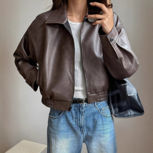Jacket bomber Amelie womens faux leather bomber jacket in dark brown
